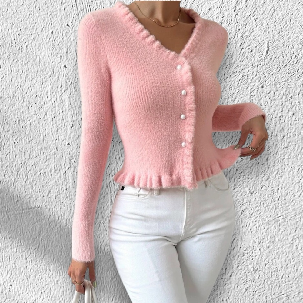 Ruffle eyelash sweater cardigan pink soft fuzzy stretch pearl S 4 XS top t shirt